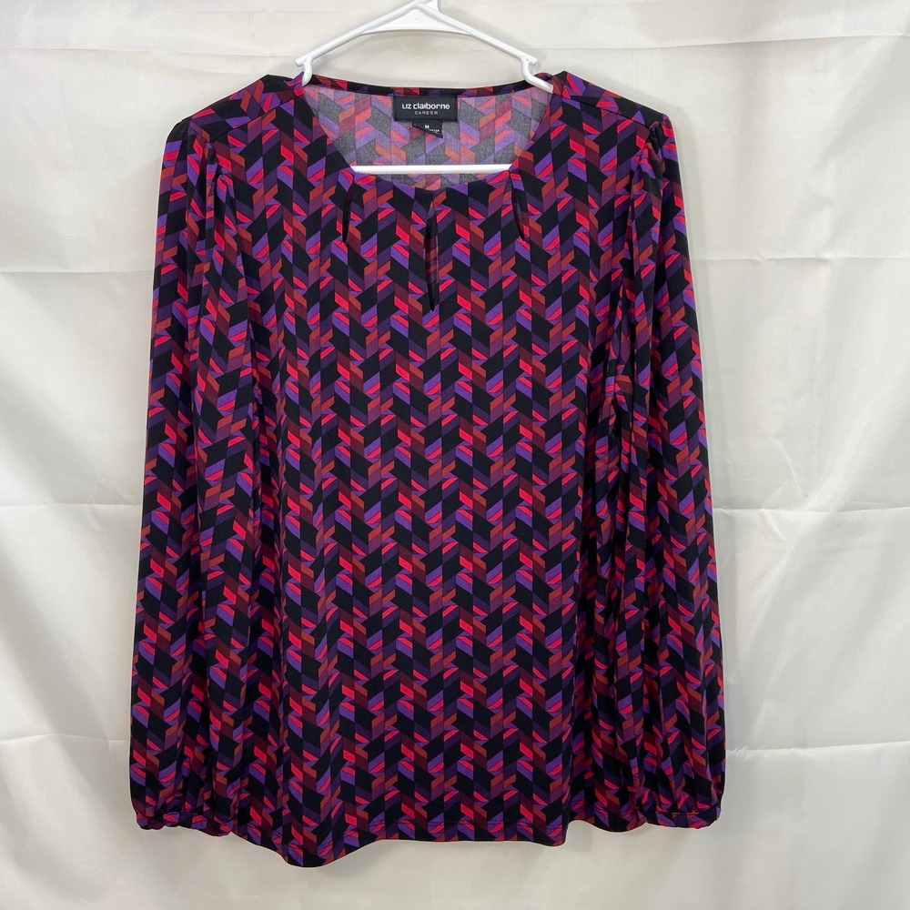 Liz Claiborne Career women's red purple geometric cutout stretch‎ blouse medium